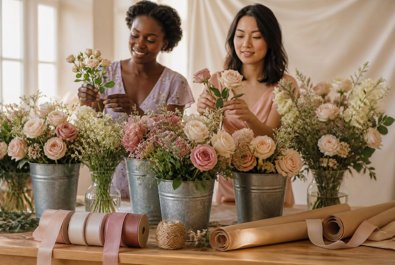 A styled flower bar station set up for guests to arrange their own bouquets