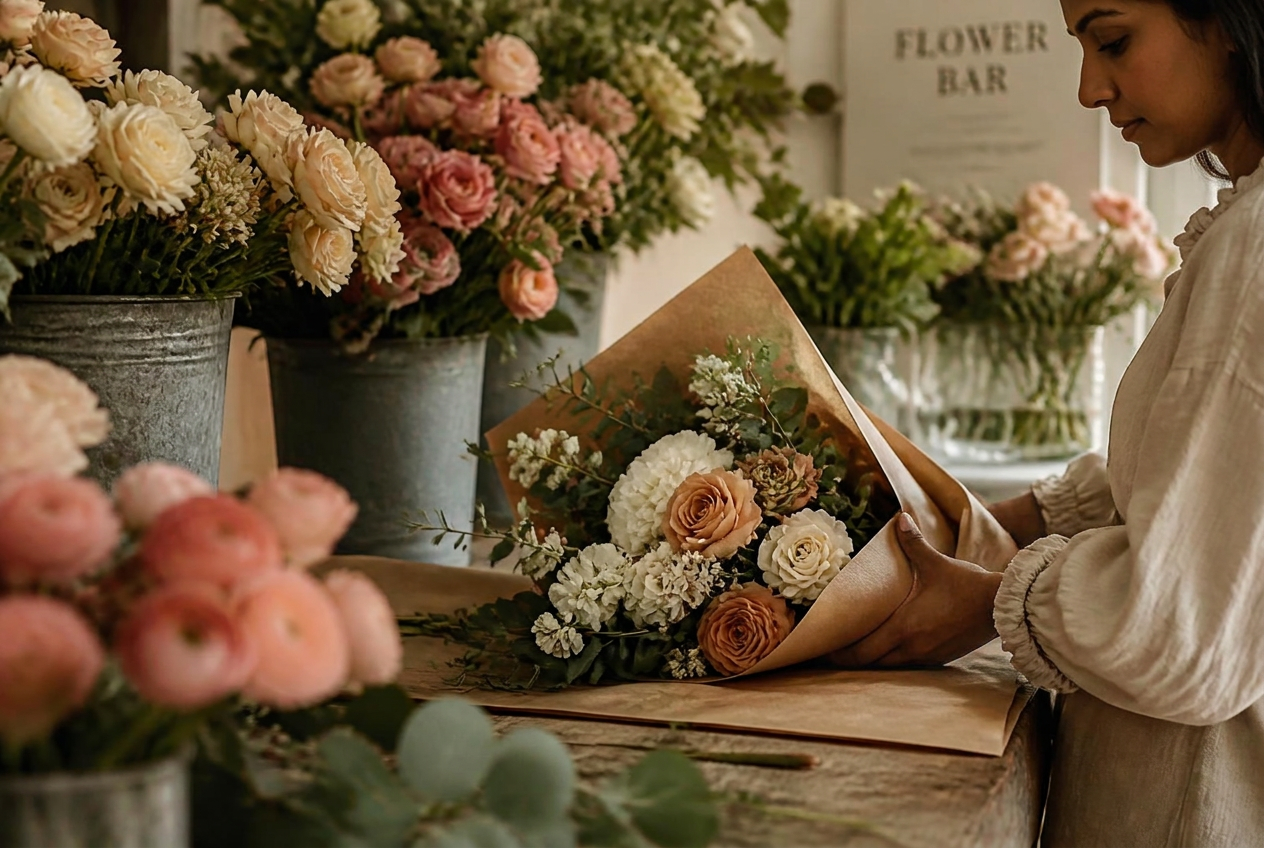 A hand-tied rose bouquet wrapped in cream and rose tones